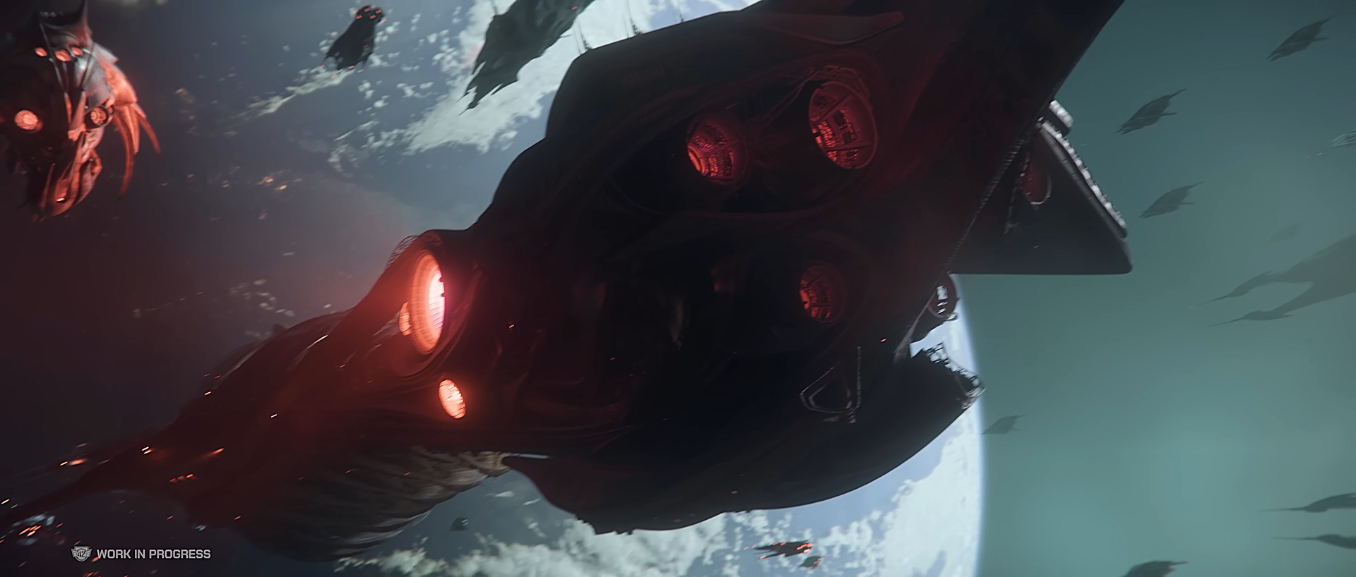 A Vanduul Kingship seen from behind during a fleet battle